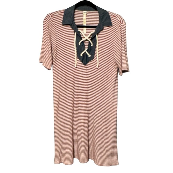 Uncle Frank Striped Lace Up Front Collared Nautical Red White Casual Dress - Picture 1 of 7